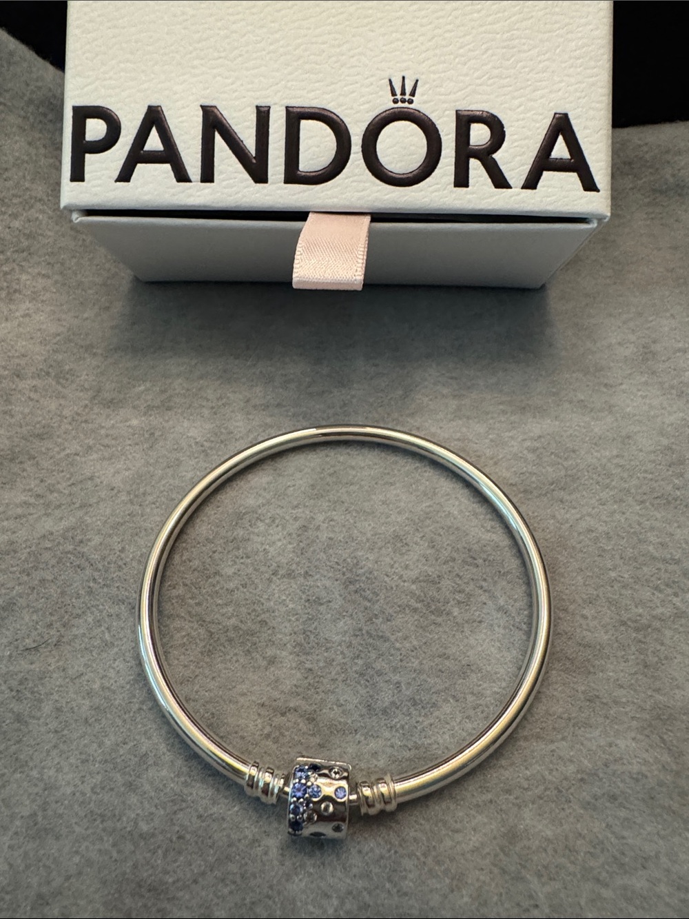 Pandora Silver Bangle with Blue Pave Charm